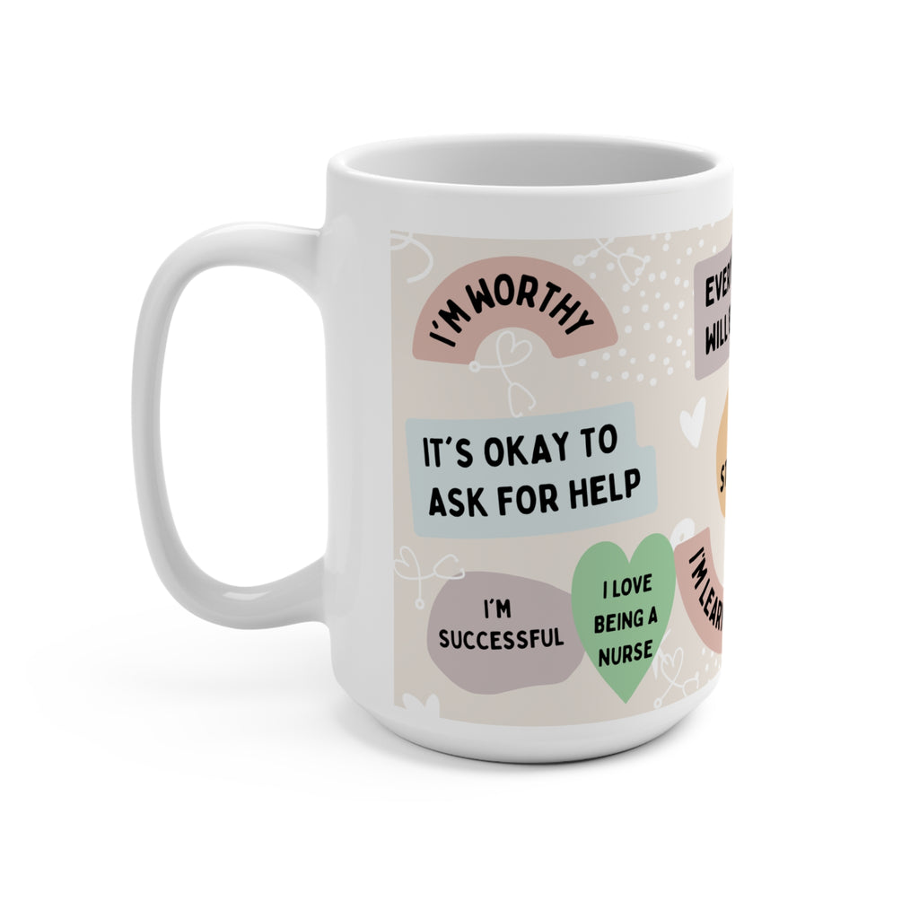 Affirmation Hearts 15oz Mug — Positive Reminder Coffee Cup with 'I'm Strong', 'Everything Will Be Okay'
