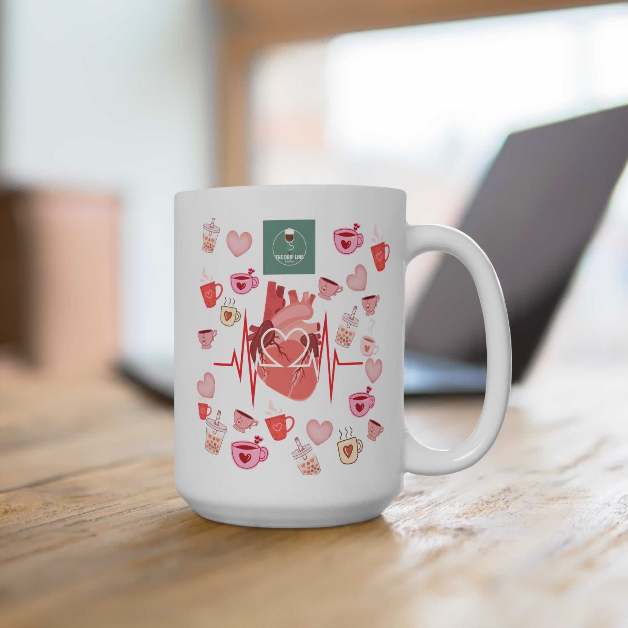PQRS Heart Tea 15oz Mug — Heartbeat, Cups & Love Design