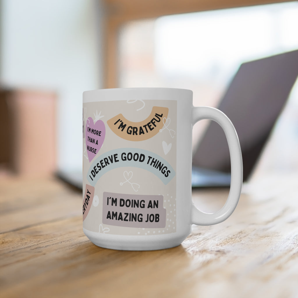 Affirmation Hearts 15oz Mug — Positive Reminder Coffee Cup with 'I'm Strong', 'Everything Will Be Okay'