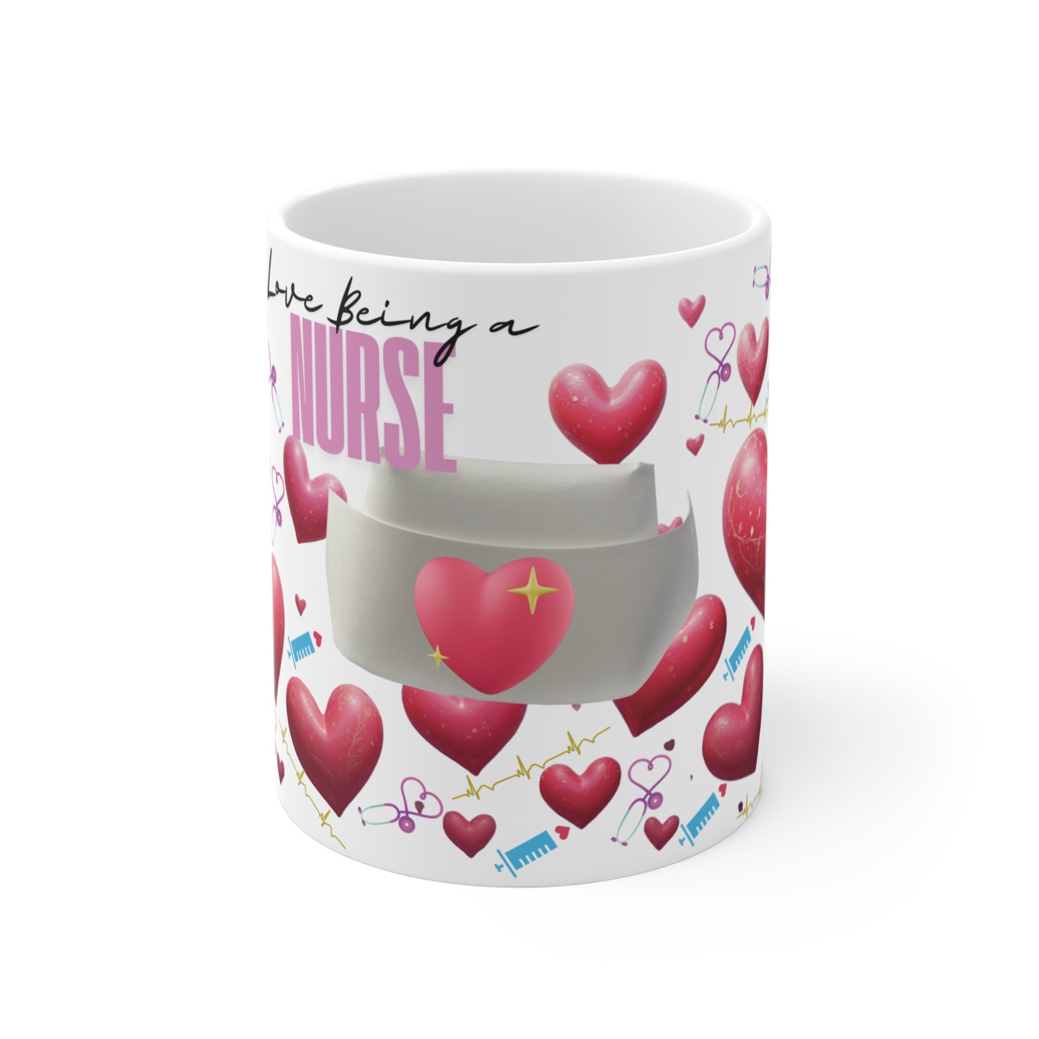 Nurse Love 11oz Coffee Mug — Cute Hearts & Syringe Healthcare Gift